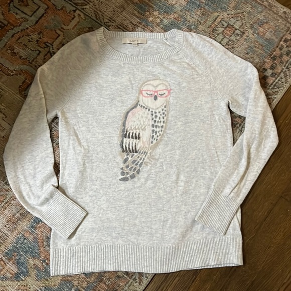 LOFT Gray Owl Print Crew Neck Sweater Small - Picture 1 of 6